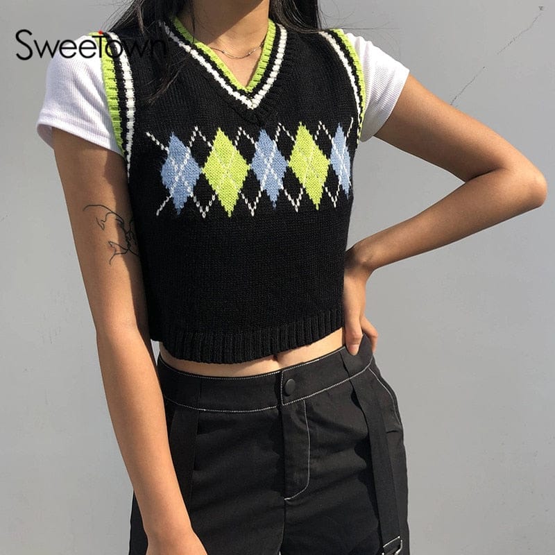 Plaid Knitted Tank Tops Female Streetwear Preppy Style V-Neck Cropped Knitwear BENNYS 