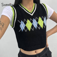 Plaid Knitted Tank Tops Female Streetwear Preppy Style V-Neck Cropped Knitwear BENNYS 