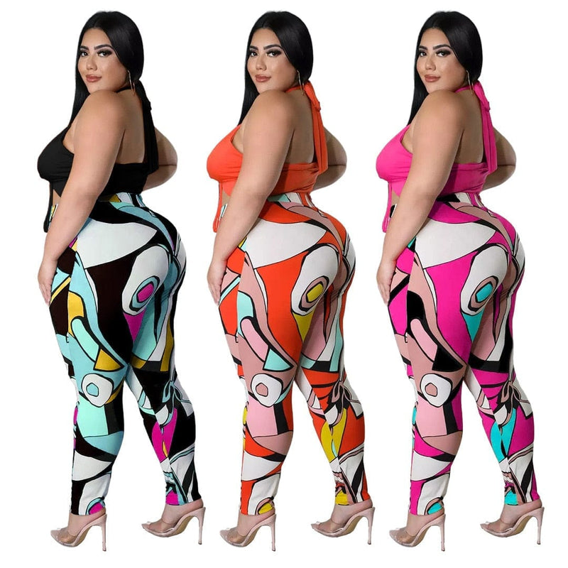 Plus Size 5xl Summer Outfits Sexy Lace Up Top Print Sweatpants BENNYS 