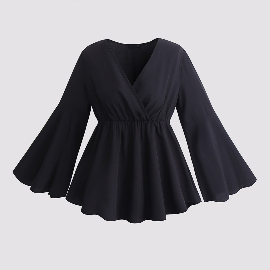 Plus Size Black Blouses Women's Flare Sleeve Peplum Tops BENNYS 