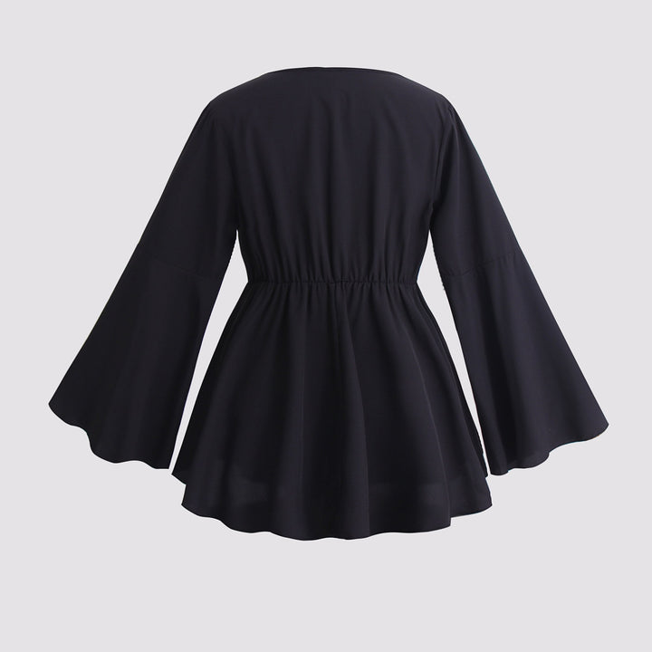 Plus Size Black Blouses Women's Flare Sleeve Peplum Tops BENNYS 