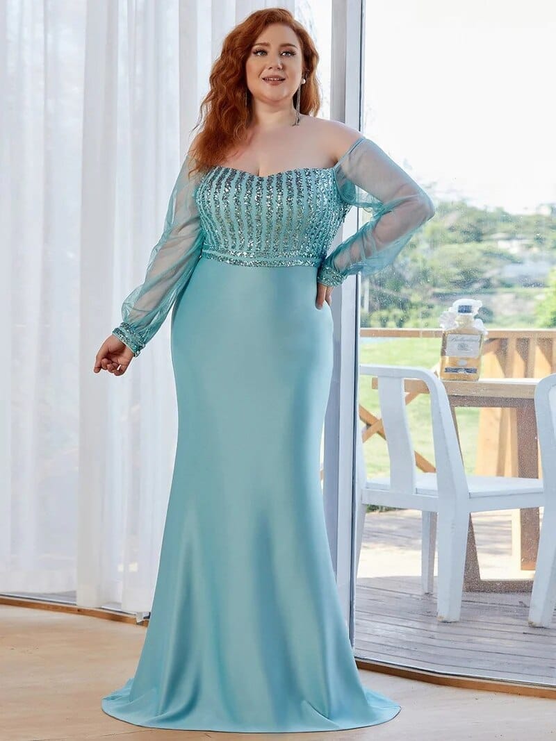 PlSize Elegant Evening Dresses Long Floor-Length Straight Full Sleeve Dress