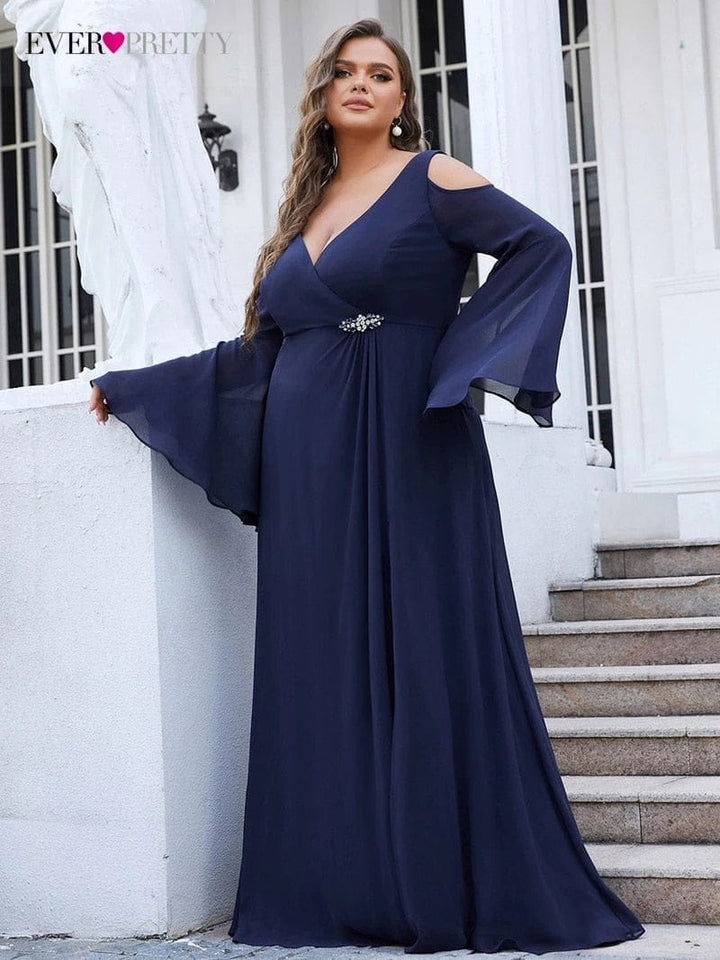 Plus Size Elegant Evening Dresses Long V-Neck Straight Full Sleeve Dress BENNYS 