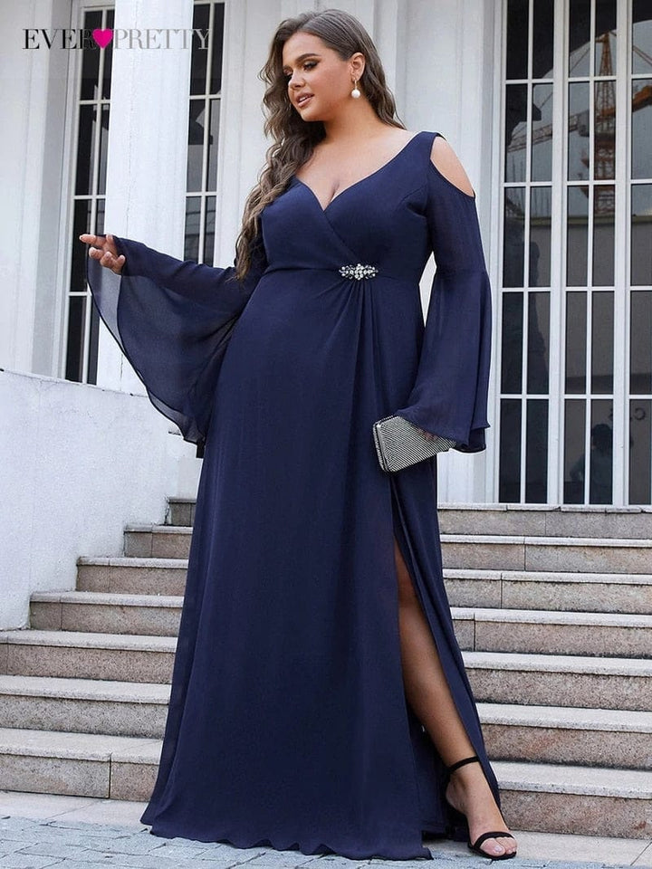 Plus Size Elegant Evening Dresses Long V-Neck Straight Full Sleeve Dress BENNYS 