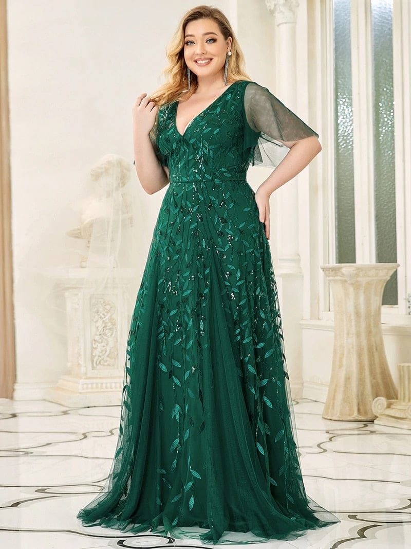 PlSize Evening Dresses Long A-LINE V-Neck Half Sleeves Floor-Length Dress BENNYS 