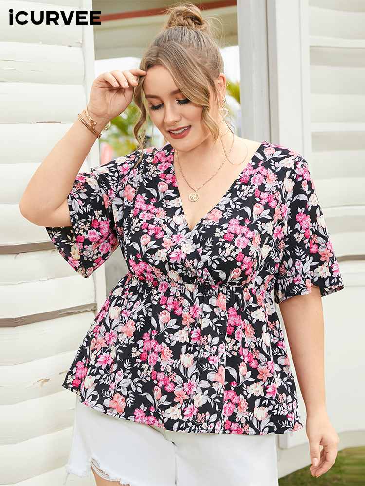 Plus Size Fashion Sexy V Neck Floral Printed Bohemian Blouses BENNYS 