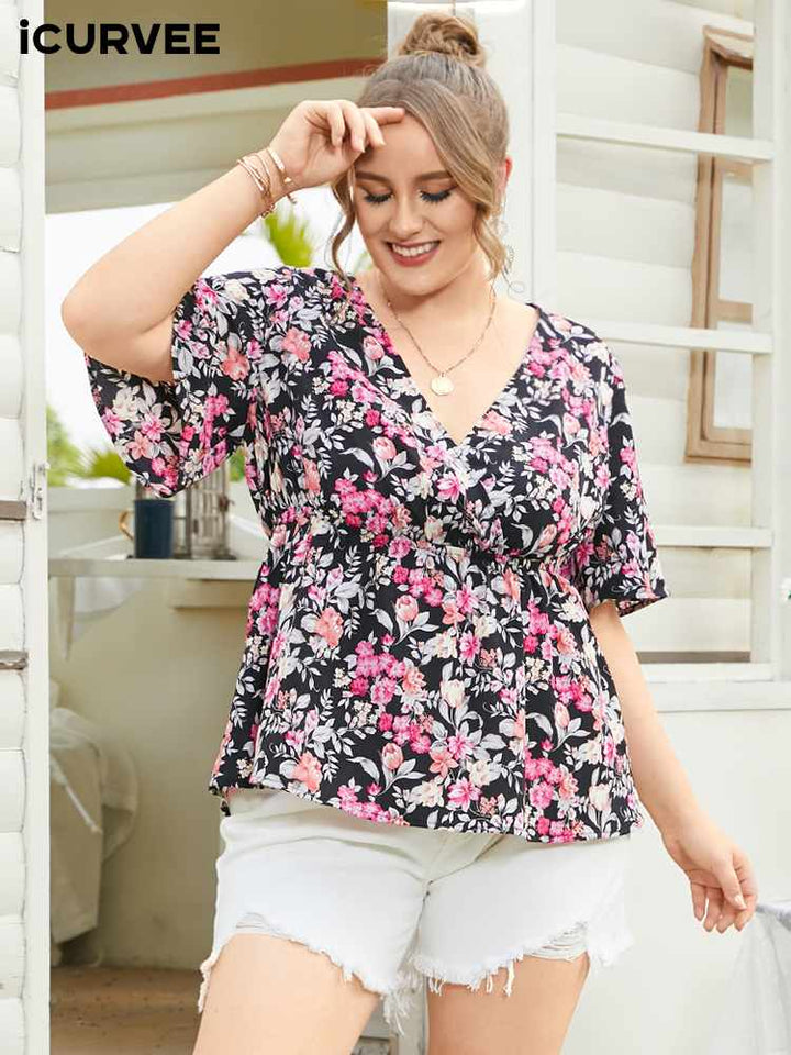 Plus Size Fashion Sexy V Neck Floral Printed Bohemian Blouses BENNYS 