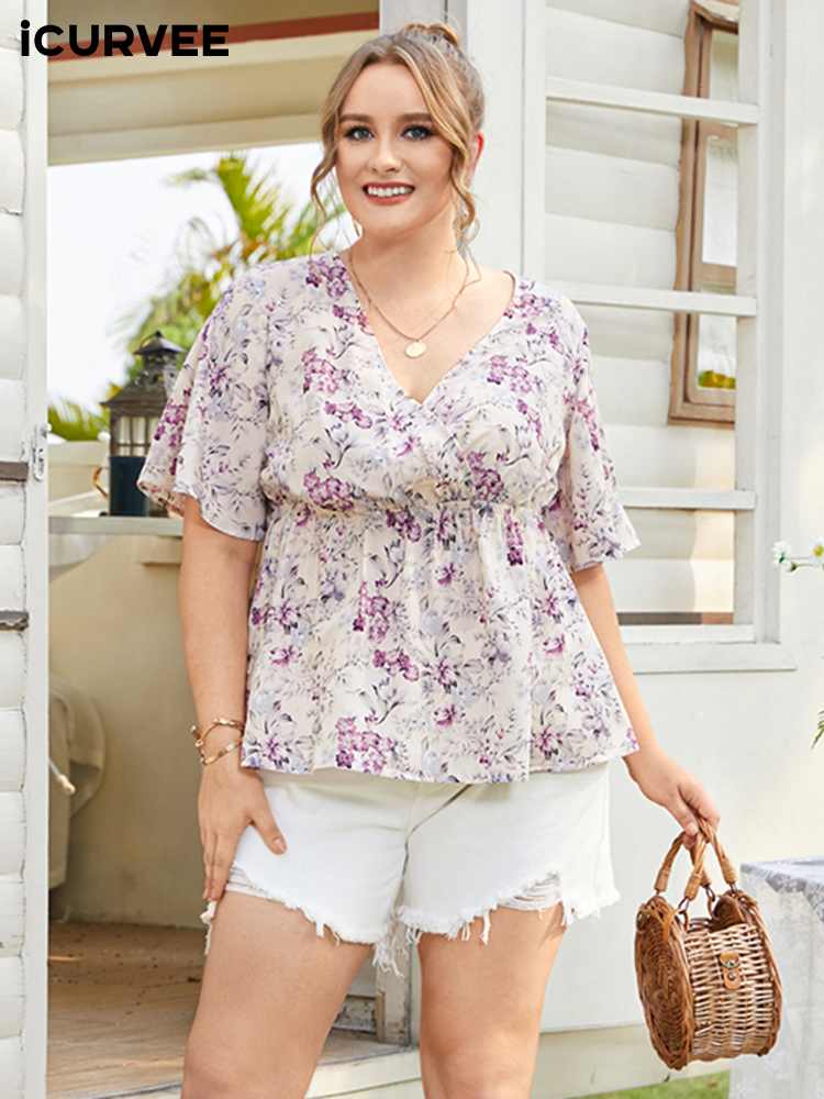 Plus Size Fashion Sexy V Neck Floral Printed Bohemian Blouses BENNYS 