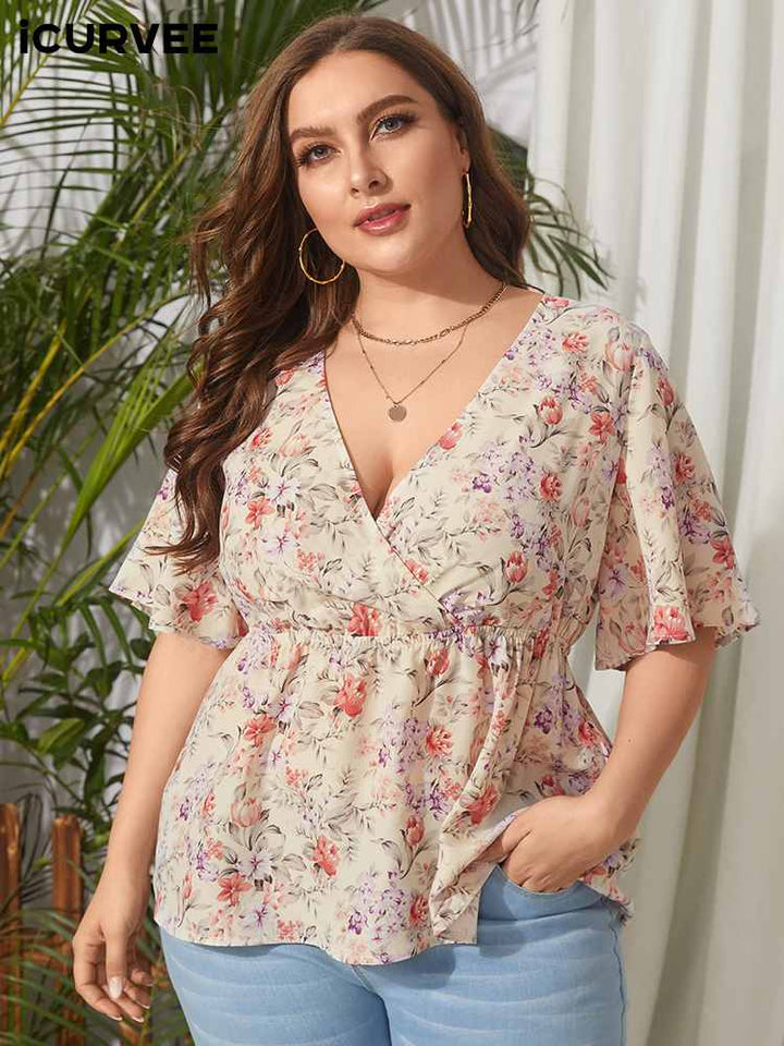 Plus Size Fashion Sexy V Neck Floral Printed Bohemian Blouses BENNYS 