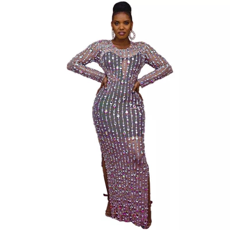 PlSize Long-Sleeved Tight-Fitting Mesh Evening Dress With Rhinestones BENNYS 