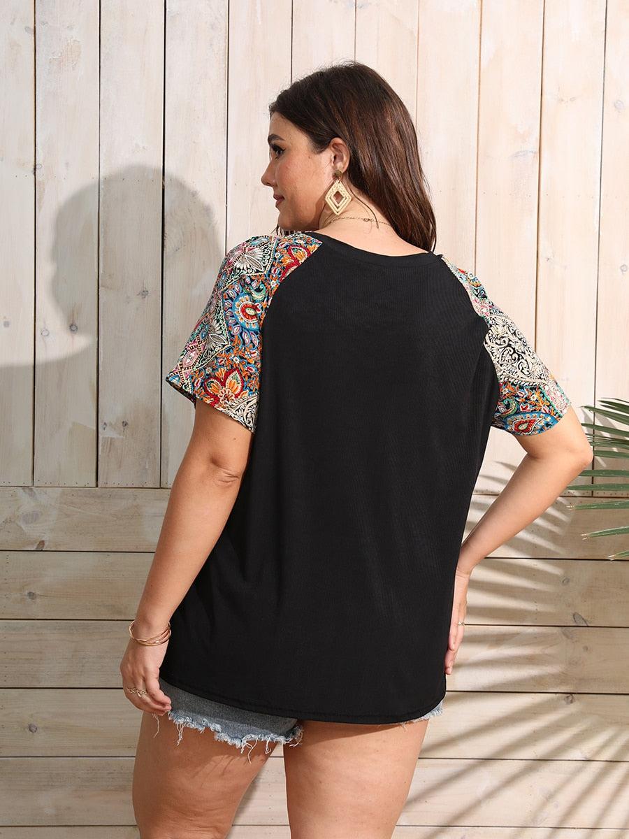 Plus Size Paisley Print Raglan Sleeve Casual Loose Women's Tops BENNYS 