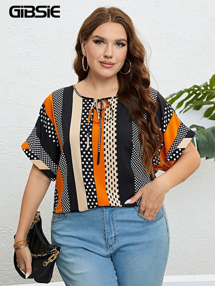 Plus Size Polka Dot Blouse Women's Summer Short Sleeve Blouses BENNYS 