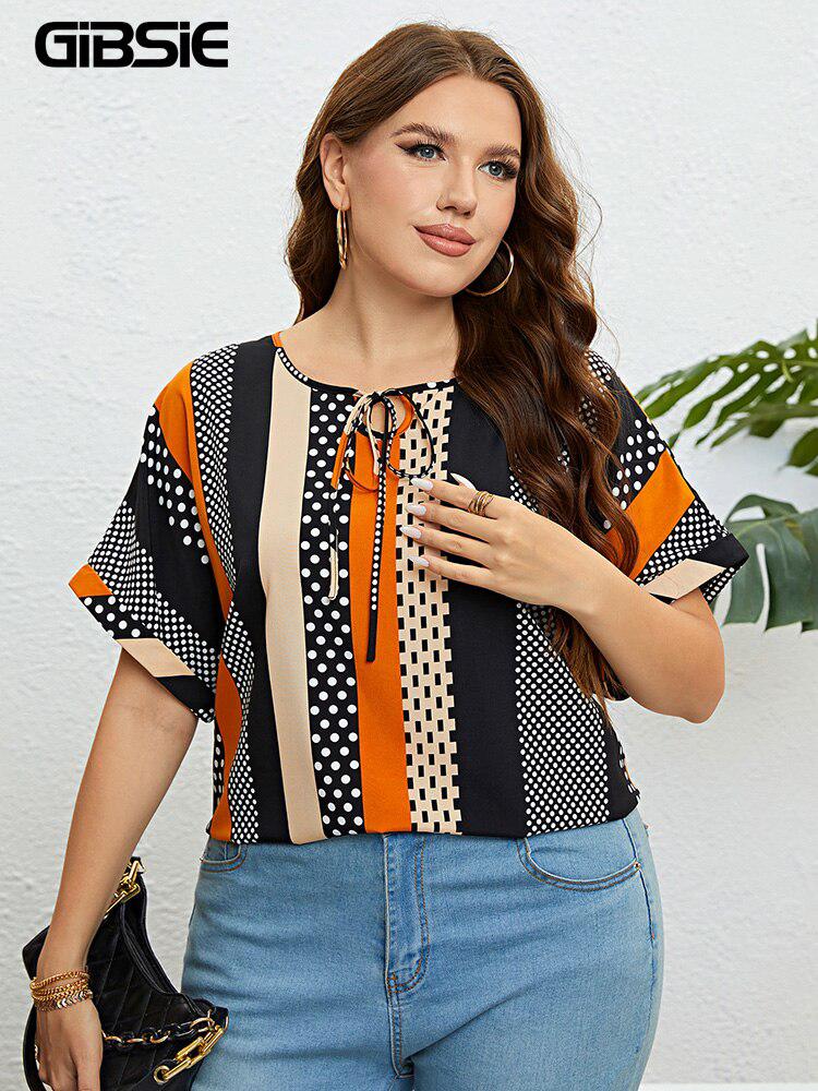 Plus Size Polka Dot Blouse Women's Summer Short Sleeve Blouses BENNYS 