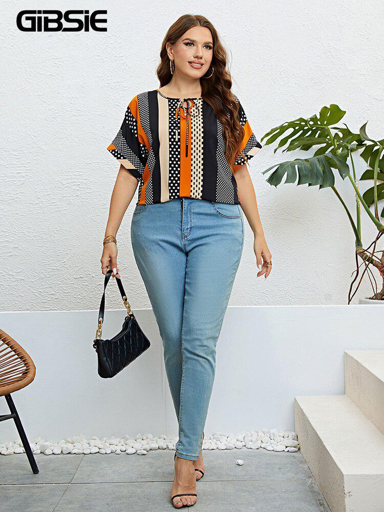 Plus Size Polka Dot Blouse Women's Summer Short Sleeve Blouses BENNYS 