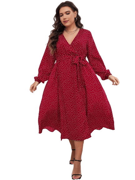 Plus Size Polka Dot V-neck Women's Spring & Summer Boho Dress BENNYS 