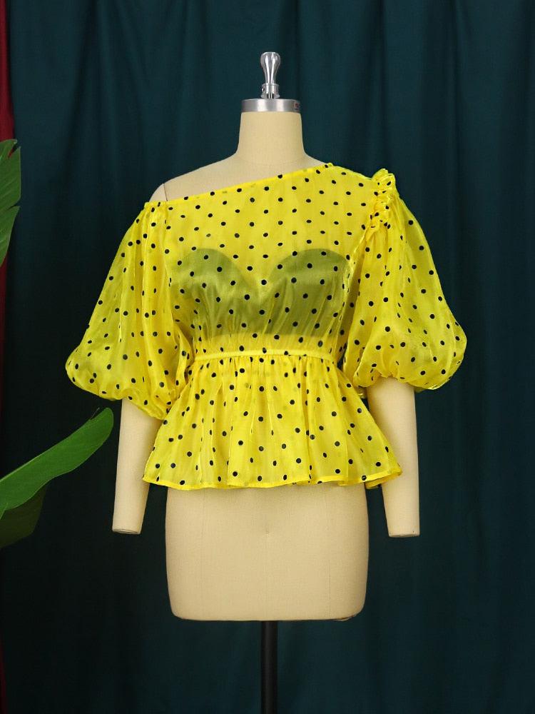 Plus Size Tops Off Shoulder Yellow Black Polka Dot Shirts for Women BENNYS 