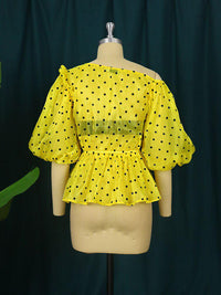 Plus Size Tops Off Shoulder Yellow Black Polka Dot Shirts for Women BENNYS 