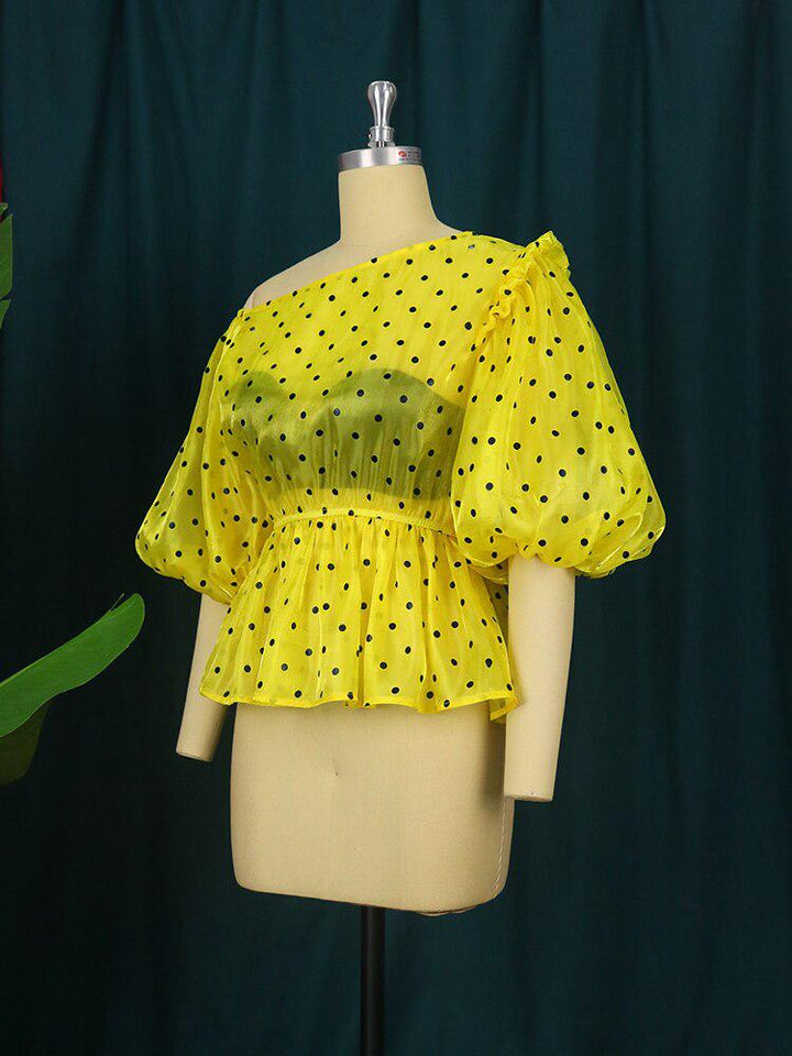 Plus Size Tops Off Shoulder Yellow Black Polka Dot Shirts for Women BENNYS 