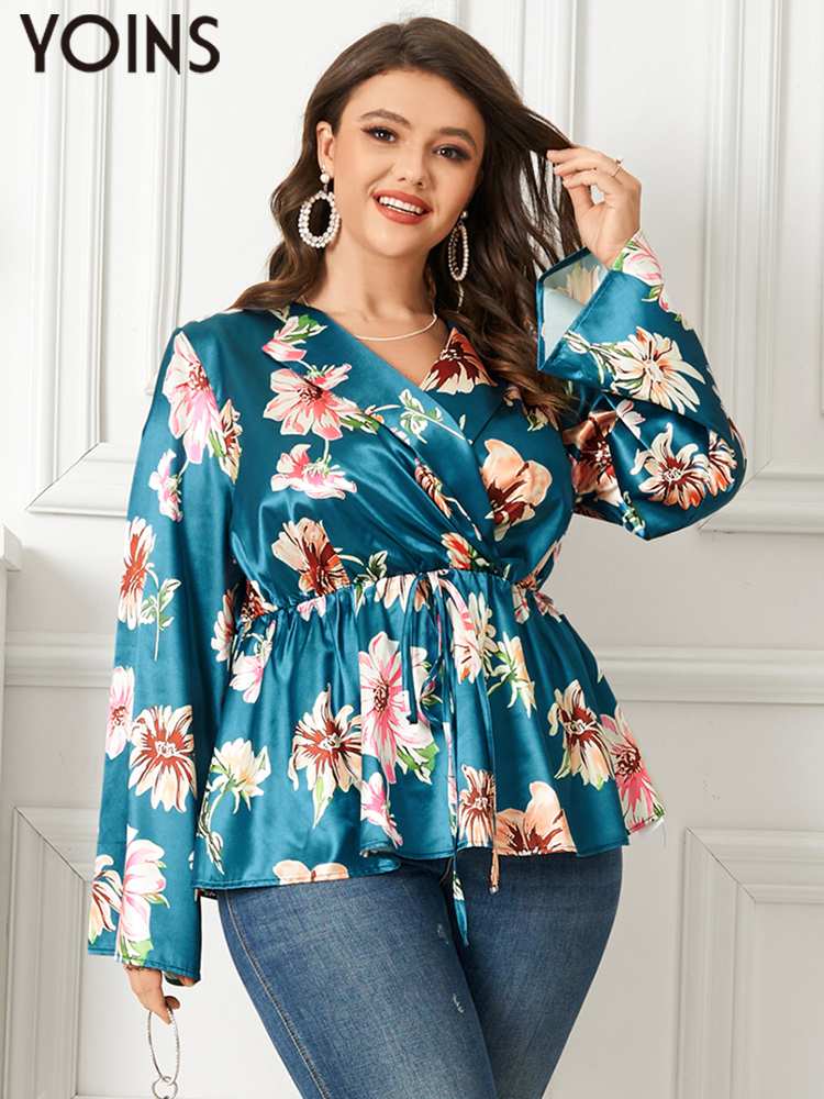 Plus Size Women Blouses Long Sleeve Fashion Floral Print Tops