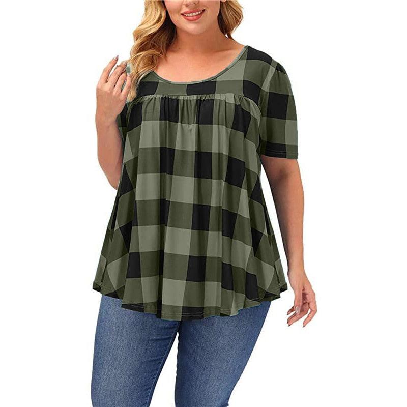 Plus Size Women Clothing Plaid Print Short Sleeve  Casual Tops BENNYS 