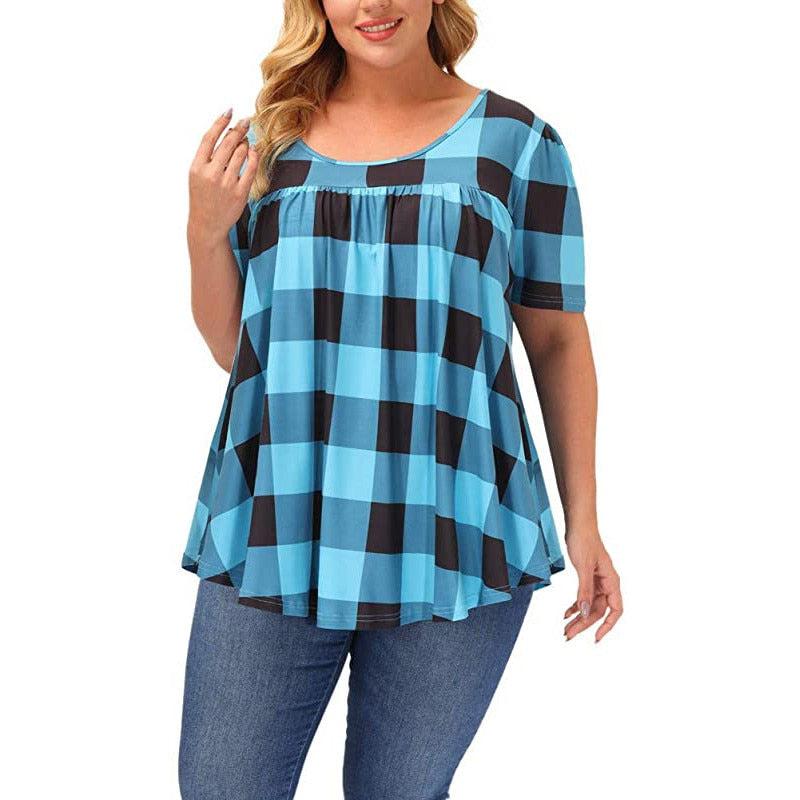 Plus Size Women Clothing Plaid Print Short Sleeve  Casual Tops BENNYS 