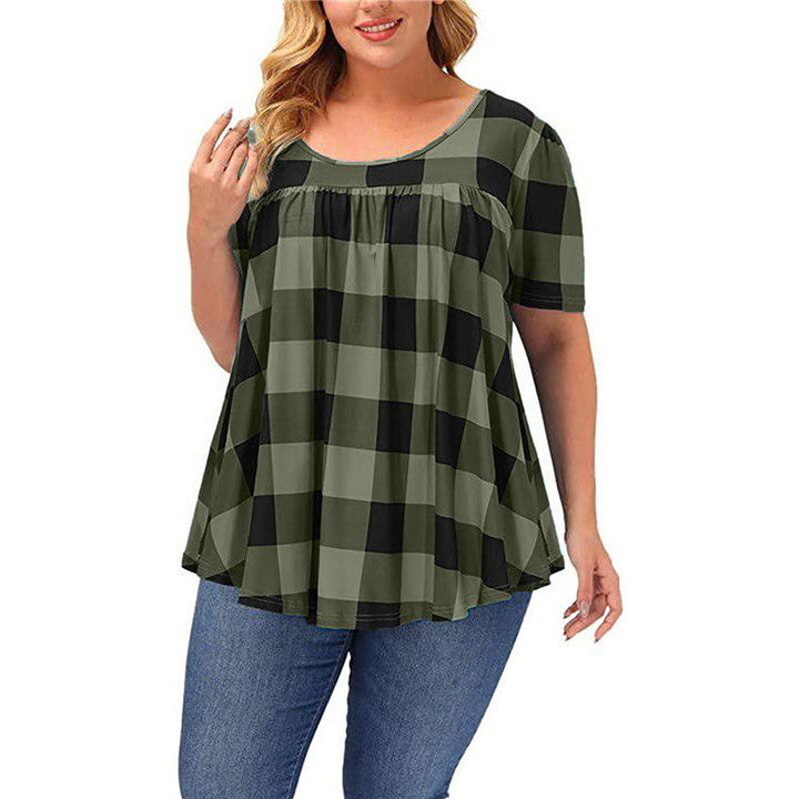 Plus Size Women Clothing Plaid Print Short Sleeve  Casual Tops BENNYS 