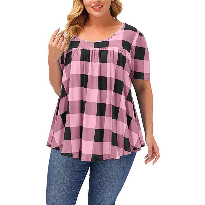 Plus Size Women Clothing Plaid Print Short Sleeve  Casual Tops BENNYS 