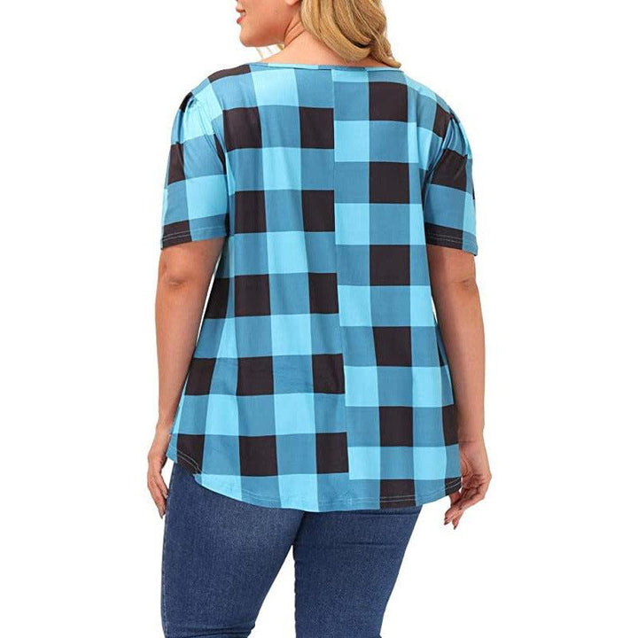 Plus Size Women Clothing Plaid Print Short Sleeve  Casual Tops BENNYS 