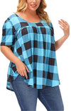 Plus Size Women Clothing Plaid Print Short Sleeve  Casual Tops BENNYS 