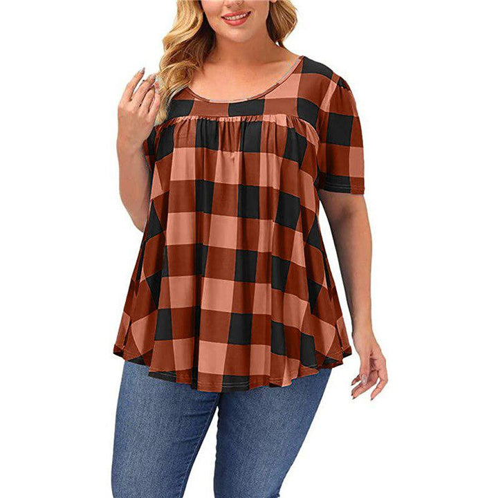 Plus Size Women Clothing Plaid Print Short Sleeve  Casual Tops BENNYS 