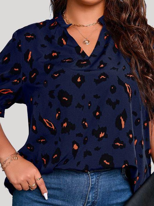 Plus Size Women's Blouses Notched Neck Print Casual Tops BENNYS 