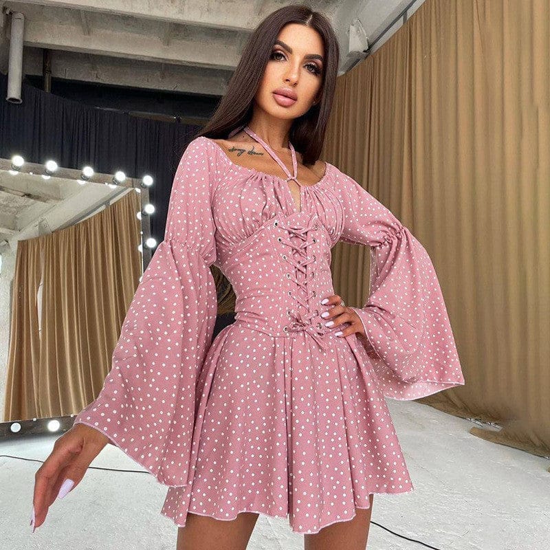 Polka Dot Halter Neck Flared Sleeve Princess Dress BENNYS 