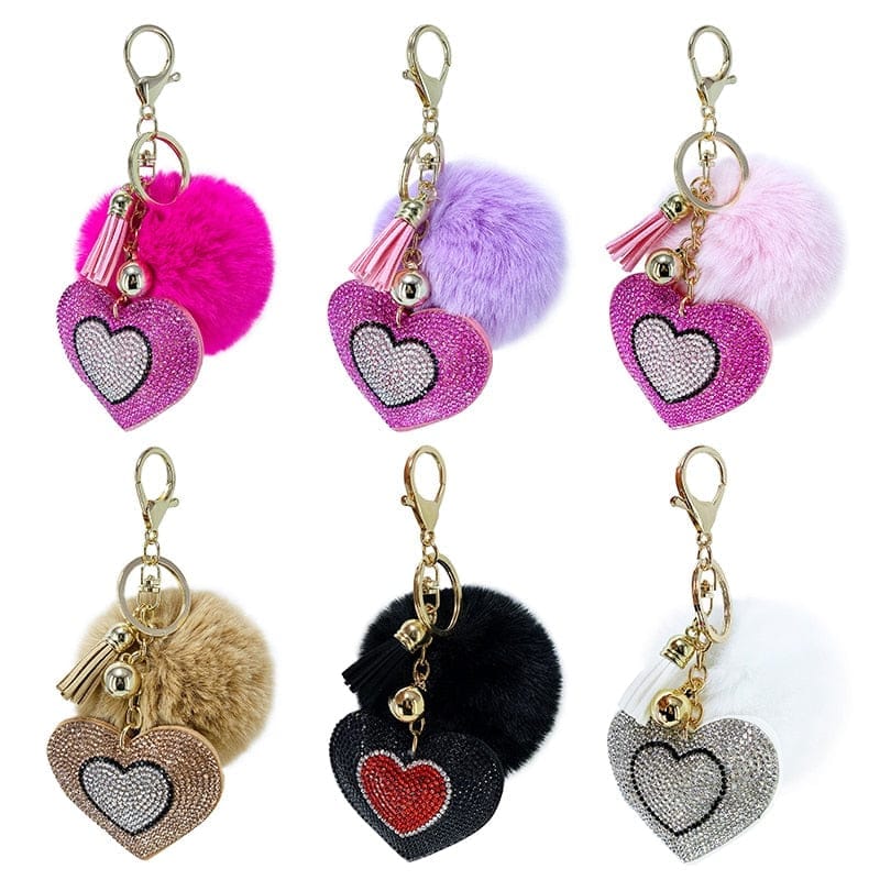 Pompom Keychain Rhinestone Heart Women's Bags Key Ring BENNYS 