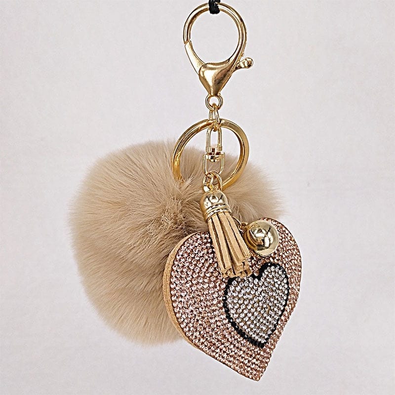 Pompom Keychain Rhinestone Heart Women's Bags Key Ring BENNYS 