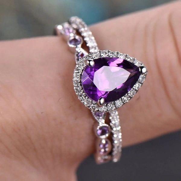 Till Eternity Purple Water Drop Zircon Ring Set Vintage Wedding Rings For Ladies BENNYS 