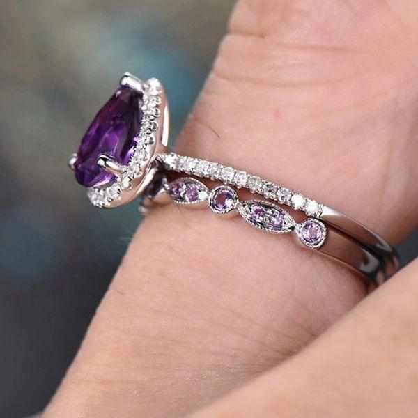 Till Eternity Purple Water Drop Zircon Ring Set Vintage Wedding Rings For Ladies BENNYS 