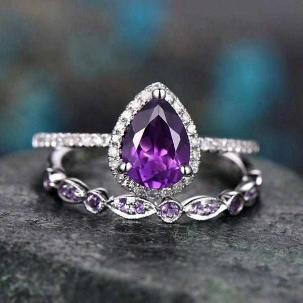 Till Eternity Purple Water Drop Zircon Ring Set Vintage Wedding Rings For Ladies BENNYS 