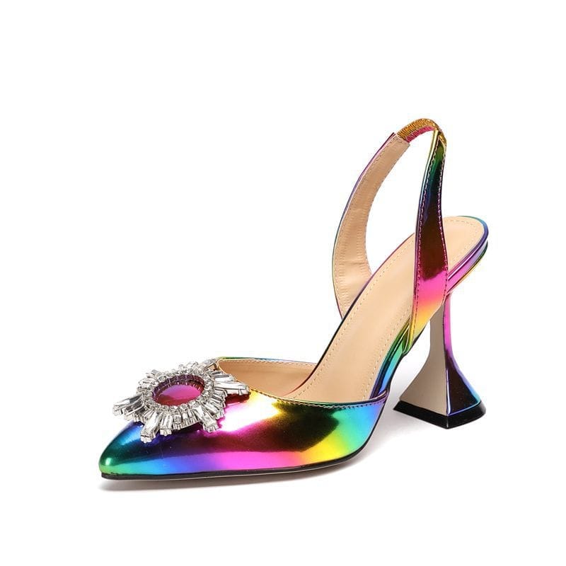 Rainbow Color Women Sandals Pointed Toe Rhinestone High Heel Pumps BENNYS 
