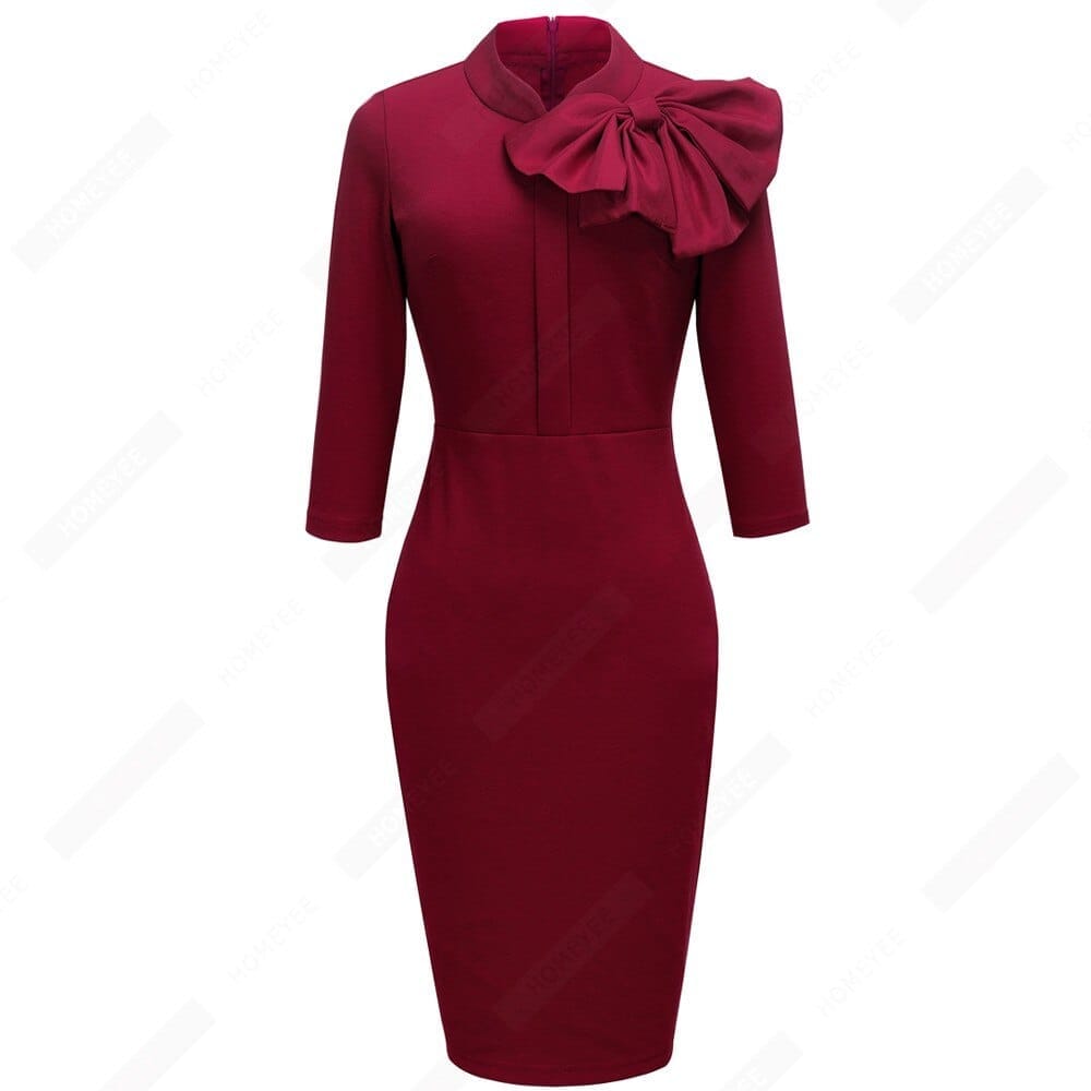 Retro Women Elegant Classic Front Bow Party Bodycon Work Pencil Dress BENNYS 