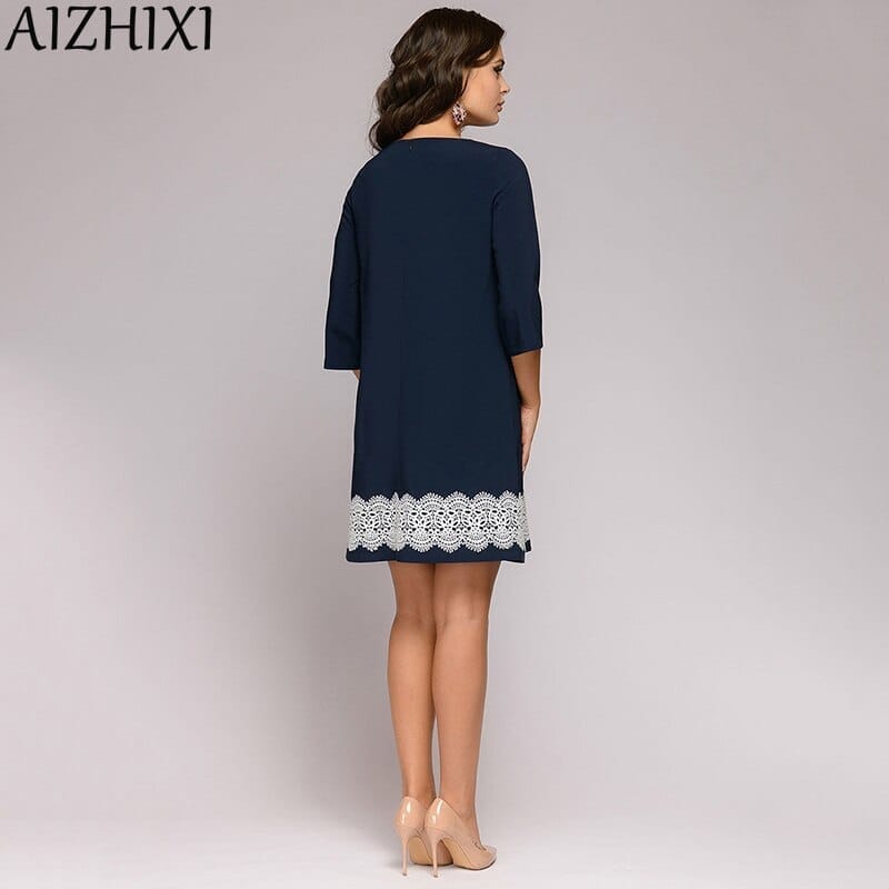 Round Neck Casual Mini Women Dresses Navy Blue Elegant Office Lady Work wear BENNYS 