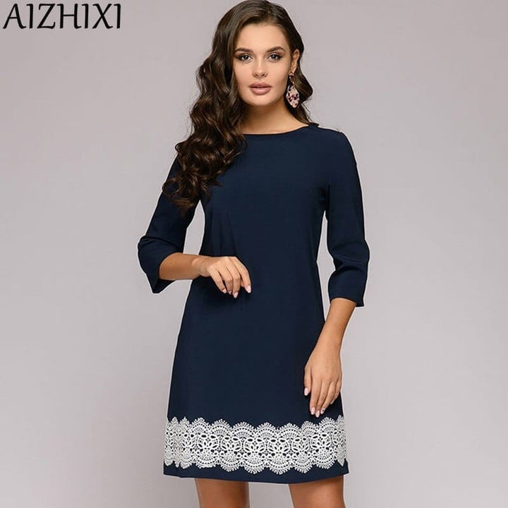 Round Neck Casual Mini Women Dresses Navy Blue Elegant Office Lady Work wear BENNYS 