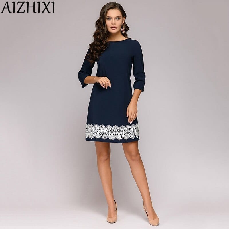 Round Neck Casual Mini Women Dresses Navy Blue Elegant Office Lady Work wear BENNYS 