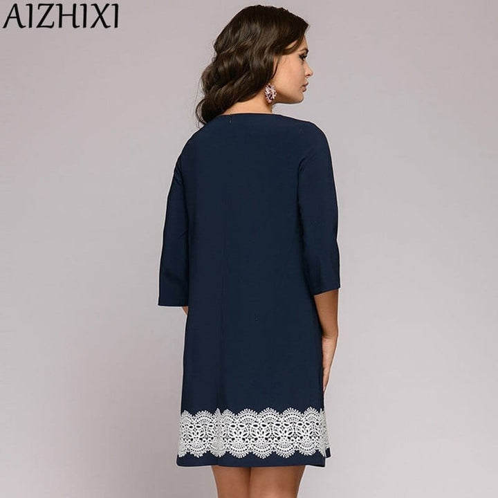 Round Neck Casual Mini Women Dresses Navy Blue Elegant Office Lady Work wear BENNYS 