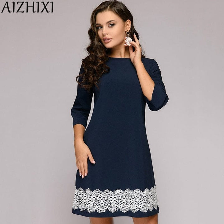 Round Neck Casual Mini Women Dresses Navy Blue Elegant Office Lady Work wear BENNYS 