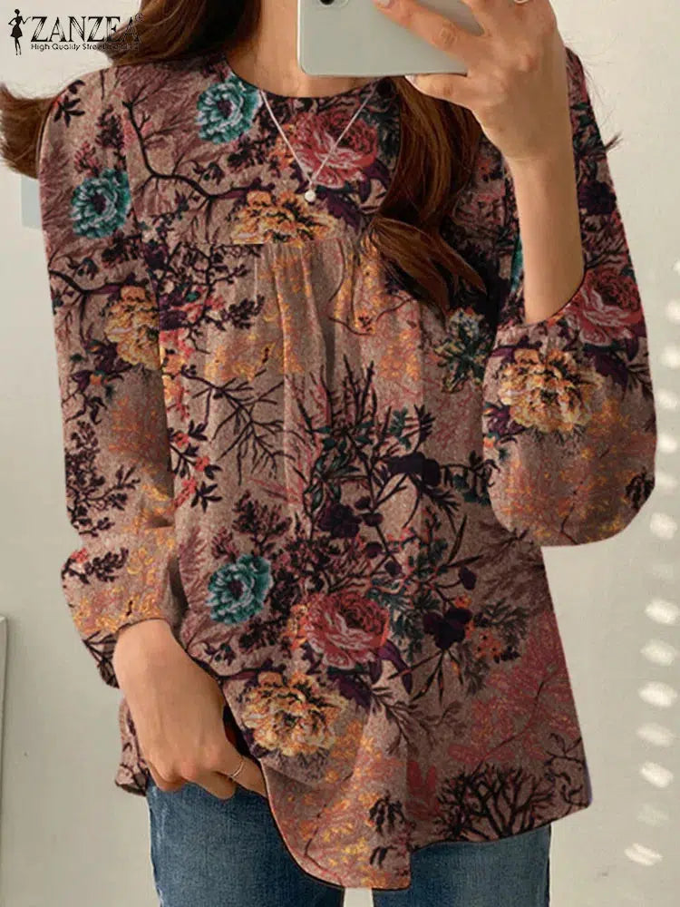 Vintage Floral Printed Shirt ZANZEA 2024 Spring Fashion Women Casual Tops O Neck Long Sleeve Blouse Female Holiday Party Blusas-Bennys Beauty World