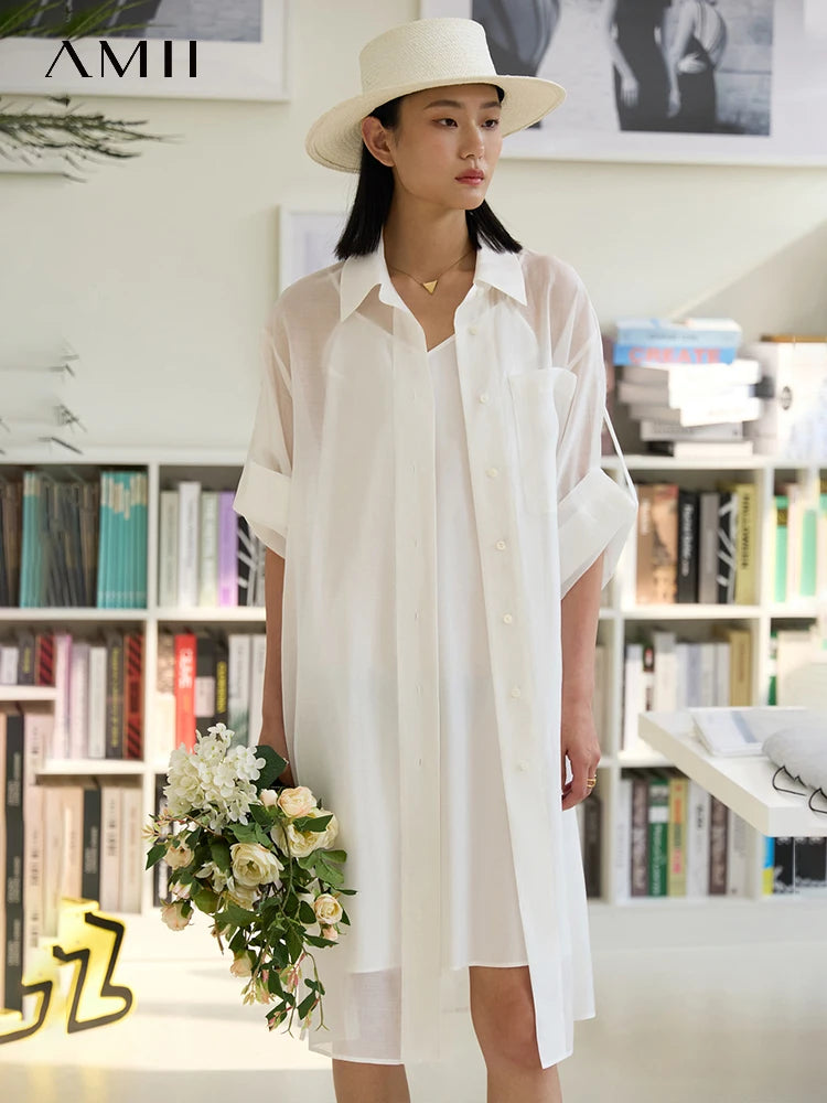 AMII Minimalism Fashion Sheer Belt Shirt Dresses for Women 2023 Summer New Solid Office Lady Elegant Camisole Vestidos 12371069