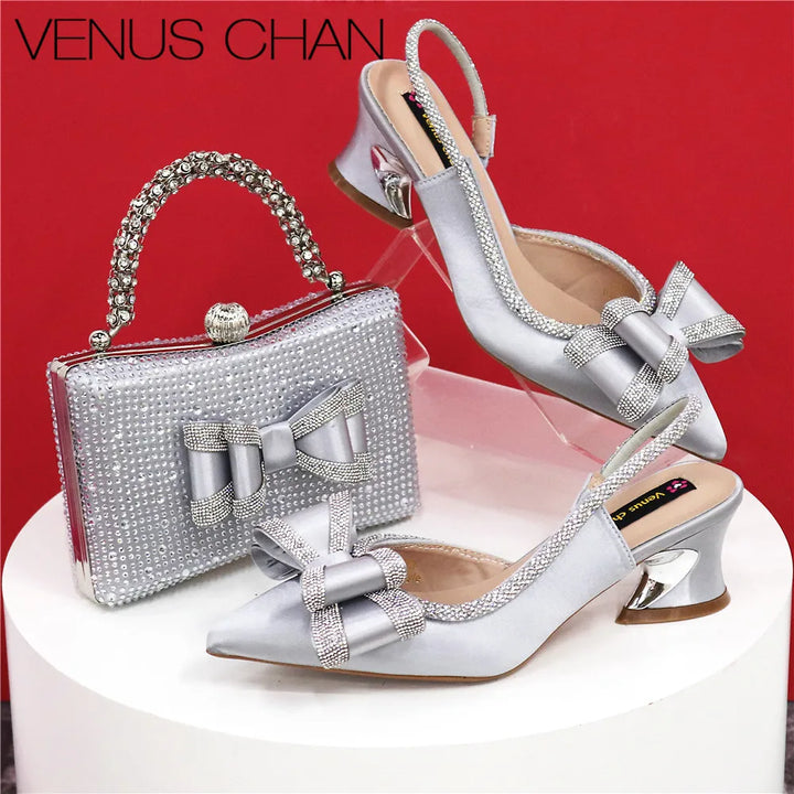 Women Hollowed Out Embroidery Rhinestone Shoes and Bag