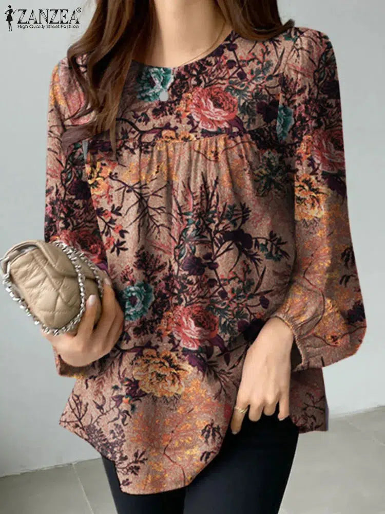 Vintage Floral Printed Shirt ZANZEA 2024 Spring Fashion Women Casual Tops O Neck Long Sleeve Blouse Female Holiday Party Blusas-Bennys Beauty World