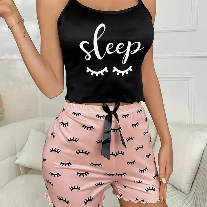 Summer New Two-Piece Printed Eyelash Style Casual V-Neck Pajama Set-clothing-Bennys Beauty World