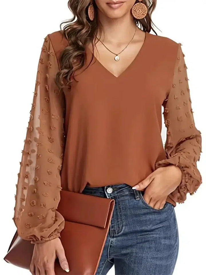 Women Spring Summer Style Blouses Shirts Lady Casual V-Neck Long Lantern Sleeve Solid color Blouse Tops DF5016-Bennys Beauty World